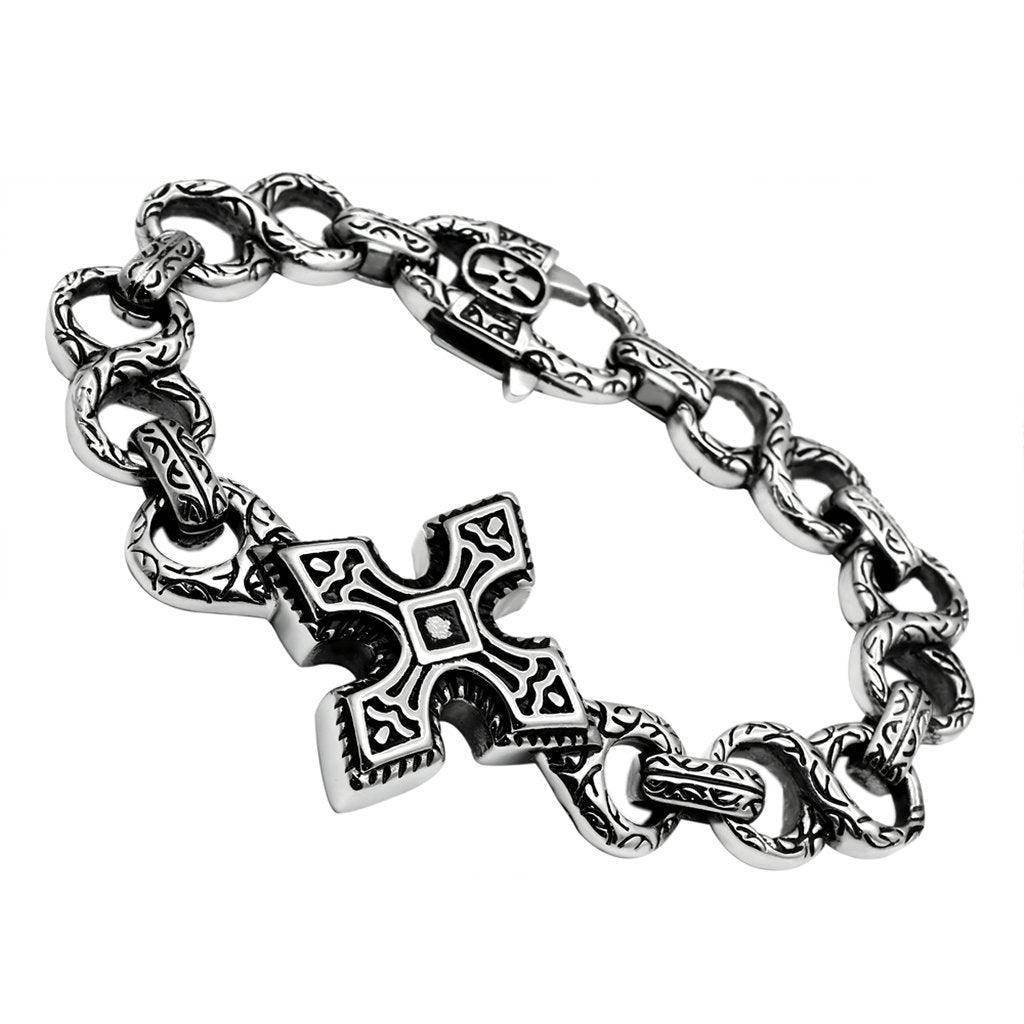 Men's high polished bracelet with ornate cross design and sturdy link chain for stylish accessorizing