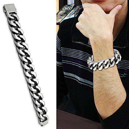 Men's high polished bracelet featuring a sleek chain design worn on a man's wrist