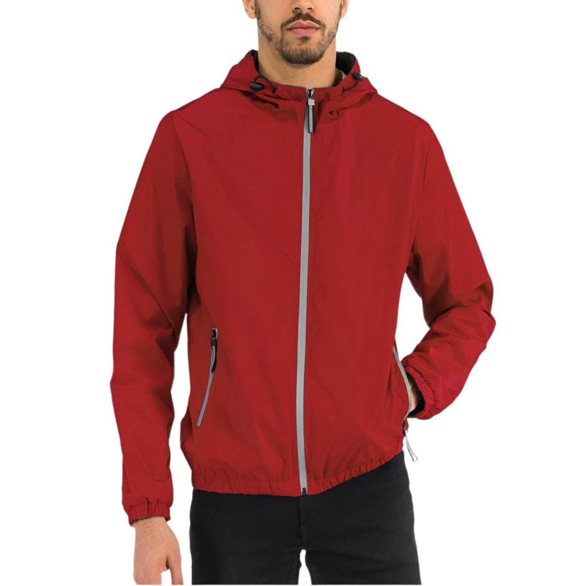 Men's Red Black Trim White Reflective Zipper Windbreaker - VacationGrabs