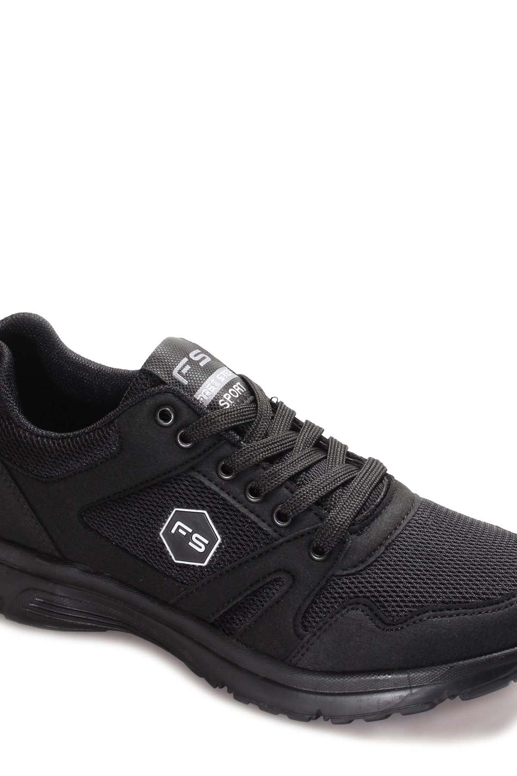 Men's All-Black Athletic Sneakers with Mesh Panels – close up view
