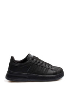 Men's All-Black Leather Low-Top Sneakers with Textured Toe – front view