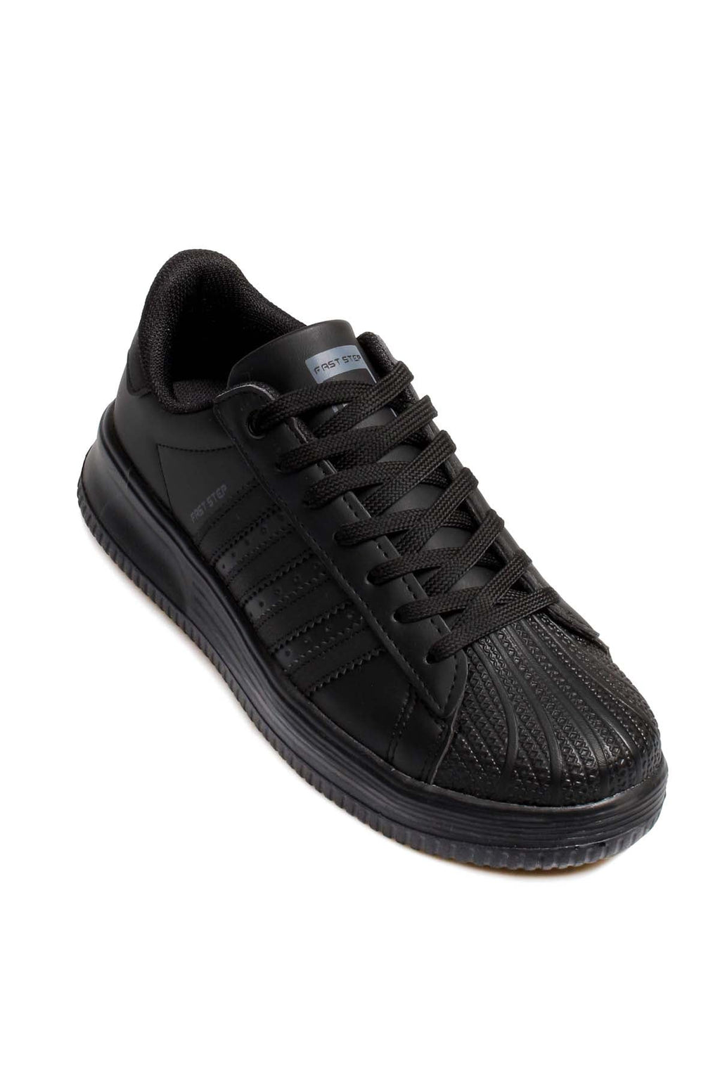 Men's All-Black Leather Low-Top Sneakers with Textured Toe – side view