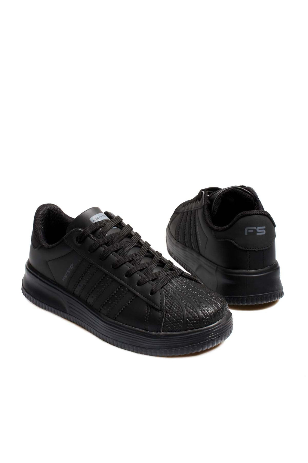 Men's All-Black Leather Low-Top Sneakers with Textured Toe – close up view