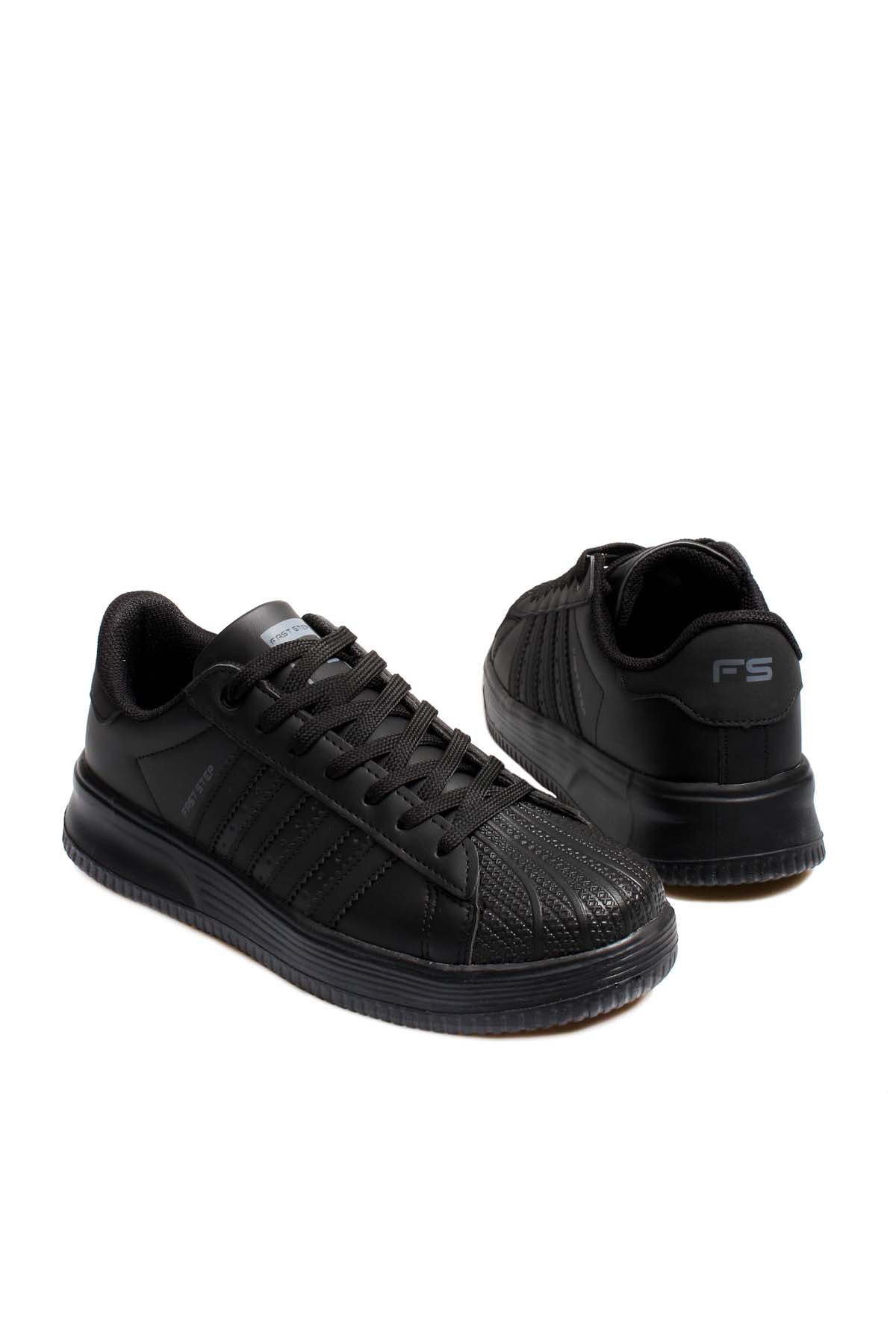 Men's All-Black Leather Low-Top Sneakers with Textured Toe – close up view