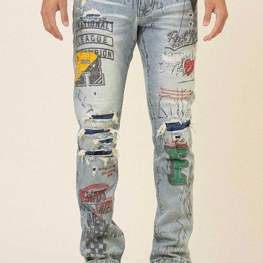 Men's Pants - Jeans Mens All Over Doodling Slim Fit Denim Jeans