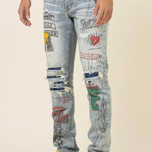Men's Pants - Jeans Mens All Over Doodling Slim Fit Denim Jeans