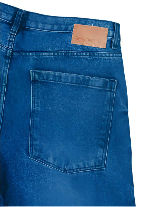 Back pocket and waistband detail of Generation XYZ mens baggy fit jeans in blue denim