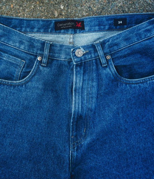 Generation XYZ mens baggy fit jeans in blue denim with button and zipper closure size 34
