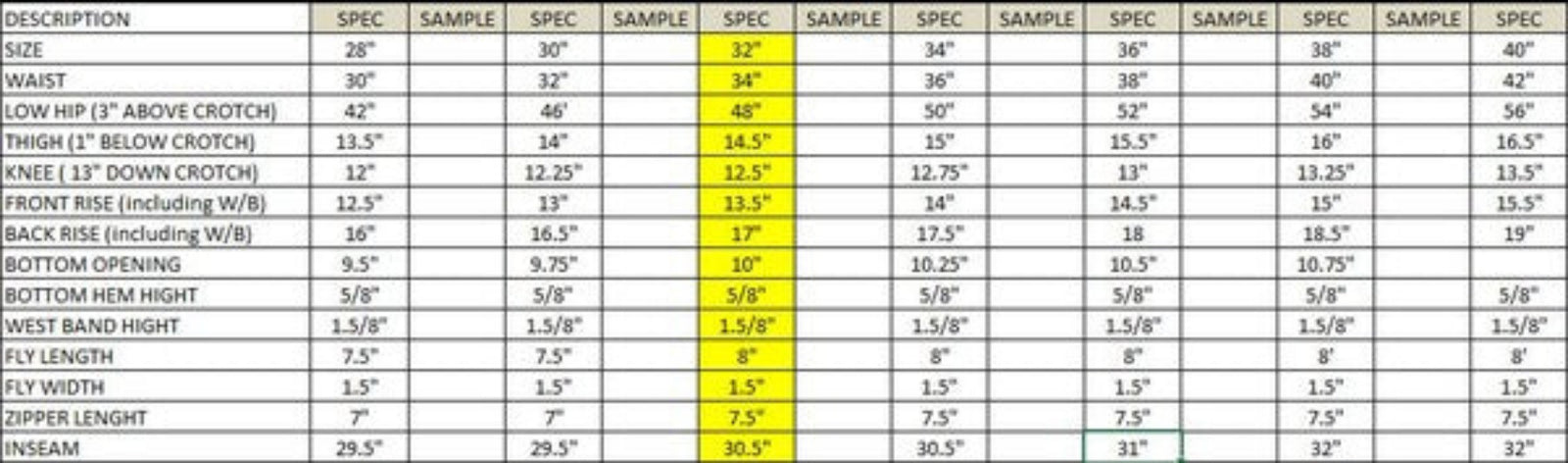 Generation XYZ mens baggy fit jeans size and measurement specification chart