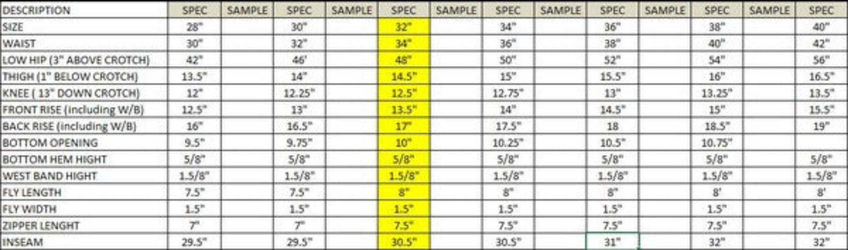 Generation XYZ mens baggy fit jeans size and measurement specification chart