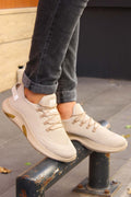 Men's Beige Lightweight Knit Sneakers with Breathable Design – front view