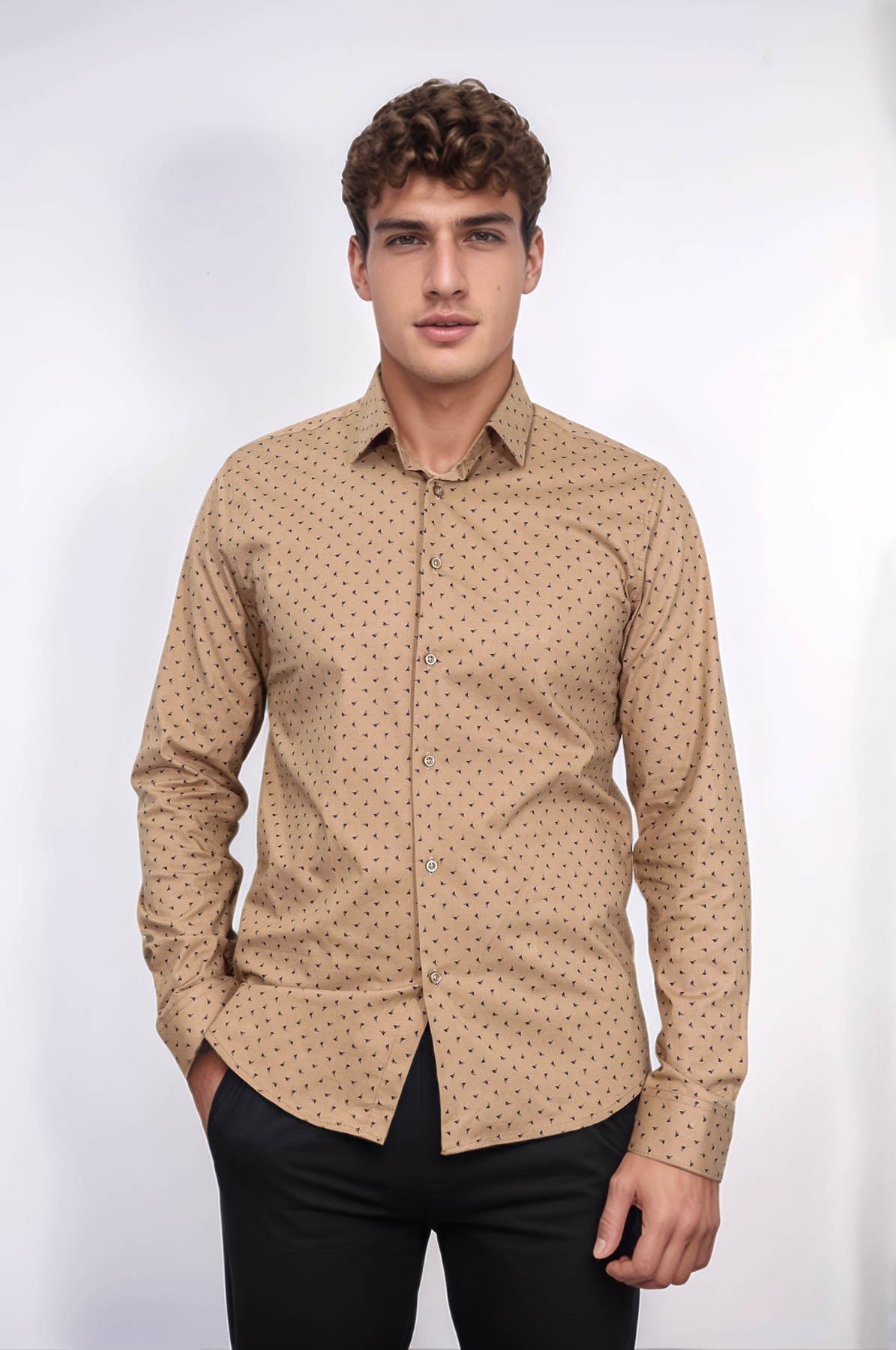 Men’s Beige Shirt with Minimal Black Pattern – front view