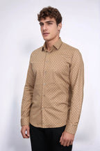 Men’s Beige Shirt with Minimal Black Pattern – styled view