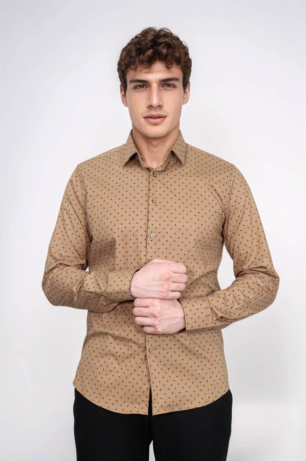 Men’s Beige Shirt with Minimal Black Pattern – close up view