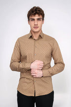 Men’s Beige Shirt with Minimal Black Pattern – close up view