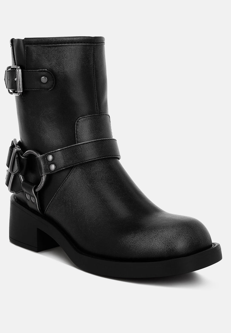 Women's black leather biker boots with buckle details for stylish wear