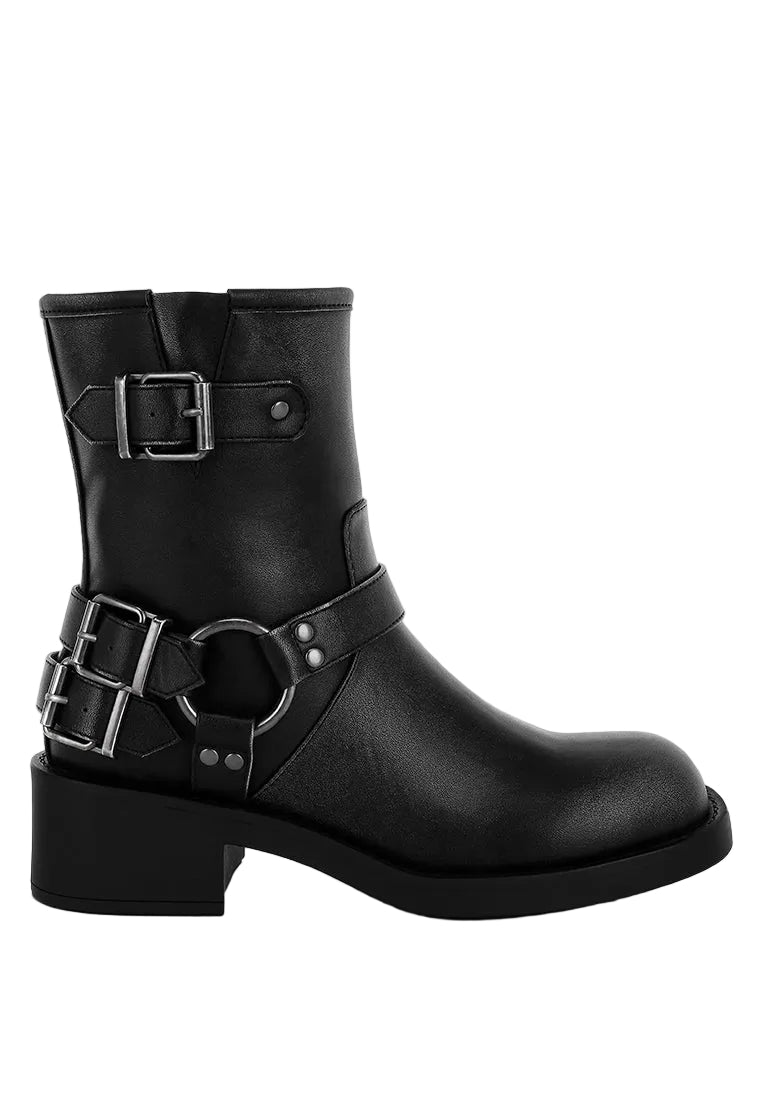 Women's black biker boots with silver buckles for stylish casual wear