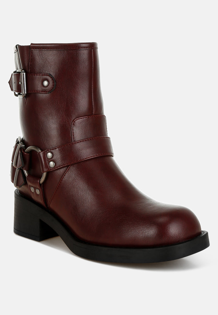 Women's burgundy leather boots with buckle details for casual wear
