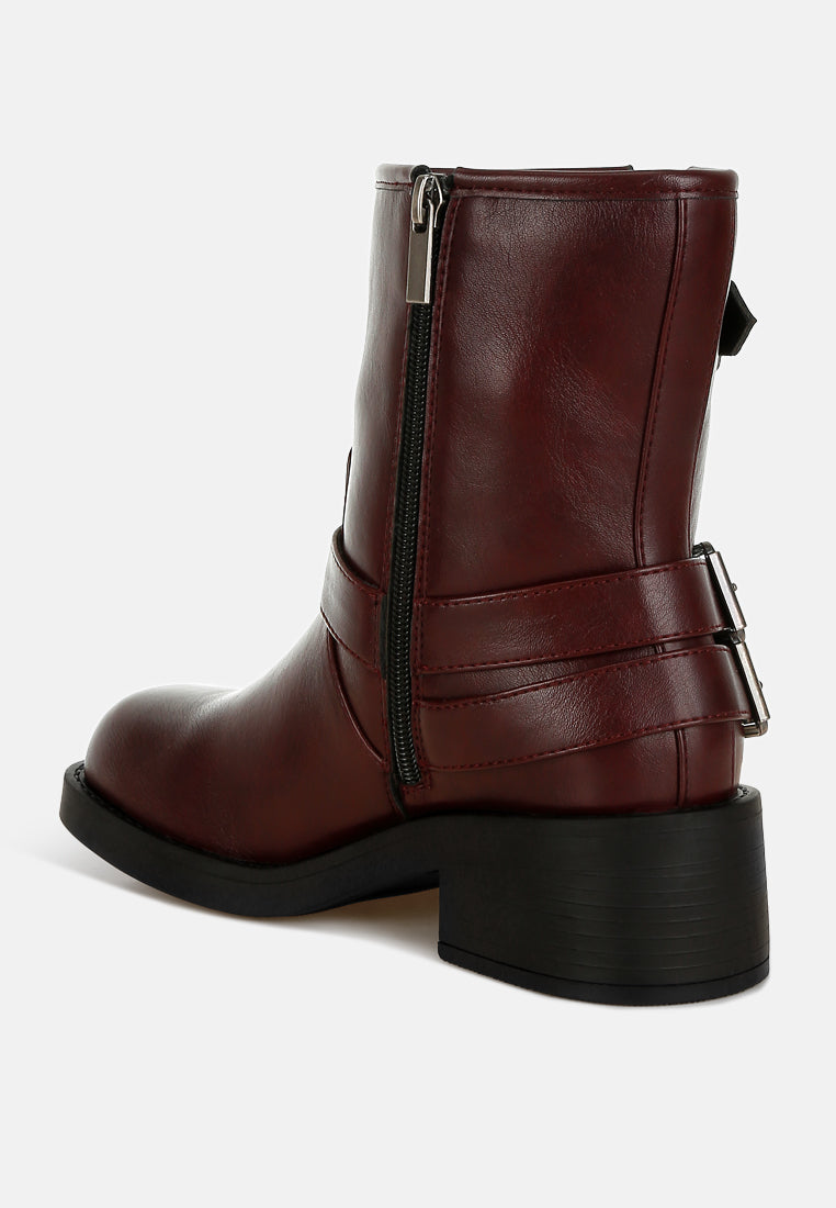 Women's burgundy leather biker boots for stylish daily wear