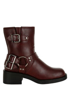 Women's burgundy faux leather biker boots with buckles for casual wear