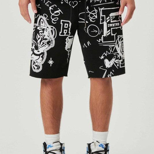 Men's Shorts Mens Black All Over Hand Doodling Puff Print Shorts