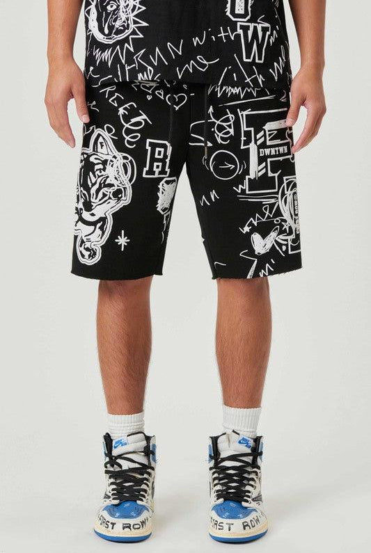 Men's Shorts Mens Black All Over Hand Doodling Puff Print Shorts