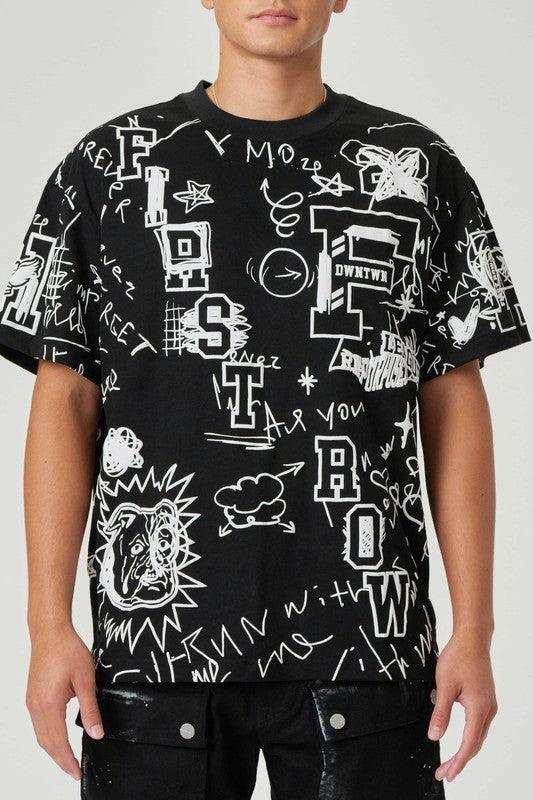Men's Shirts - Tee's Mens Black All Over Hand Doodling Puff Print Tee Shirt