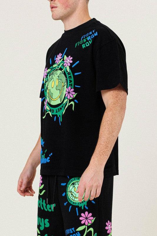 Men's Shirts - Tee's Mens Black And Green Flower Graphic Tee