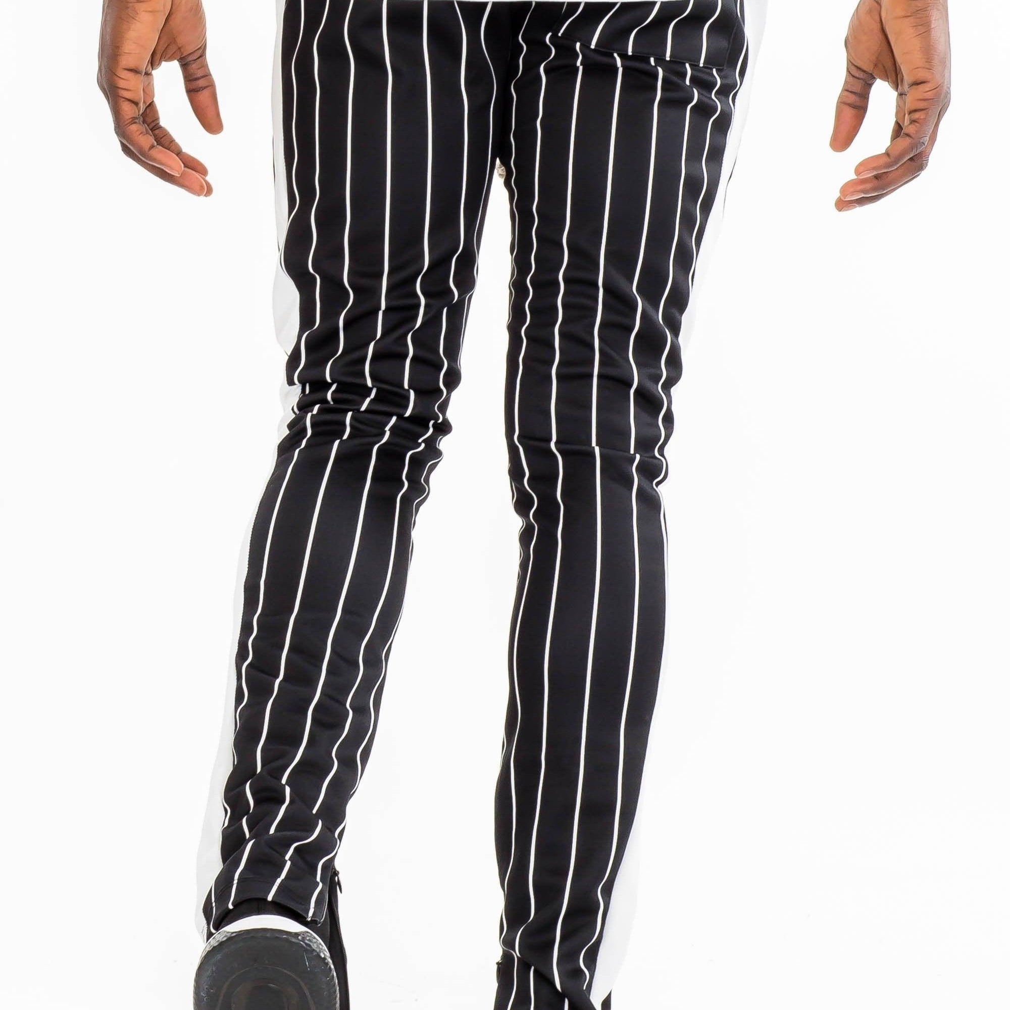Men's Pants - Joggers Mens Black And White Pinstripe Slim Track Pants