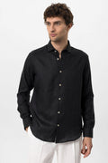 Men's Black Collar Button Detail 100% Linen Shirt – front view