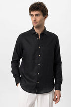 Men's Black Collar Button Detail 100% Linen Shirt – front view