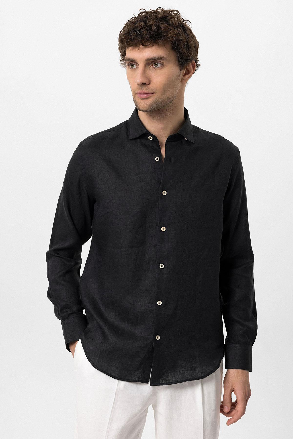 Men's Black Collar Button Detail 100% Linen Shirt – front view