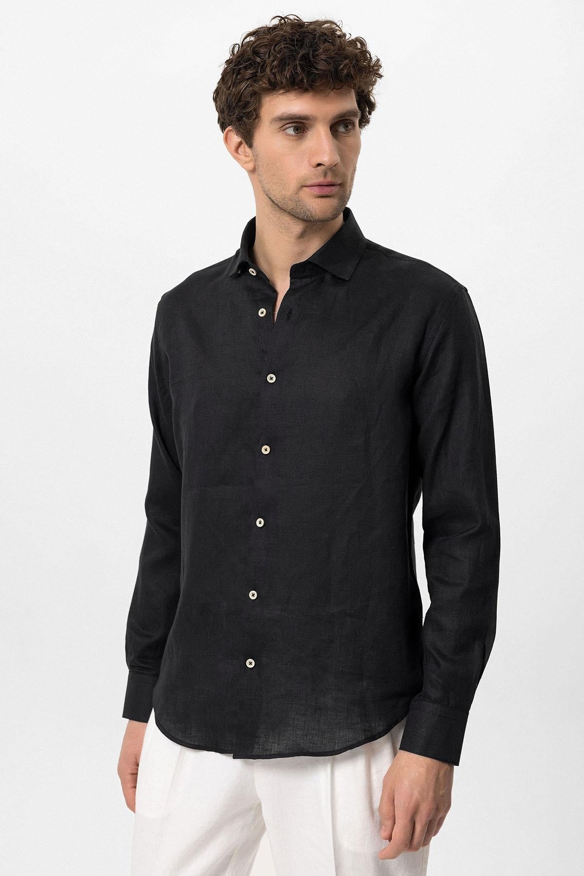 Men's Black Collar Button Detail 100% Linen Shirt – detail view