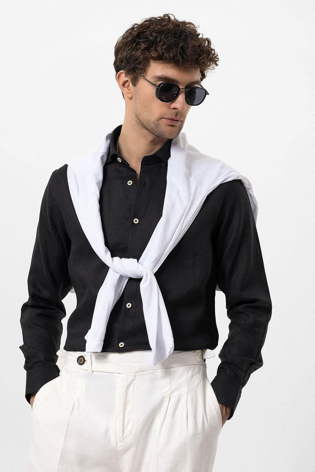 Men's Black Collar Button Detail 100% Linen Shirt – side view