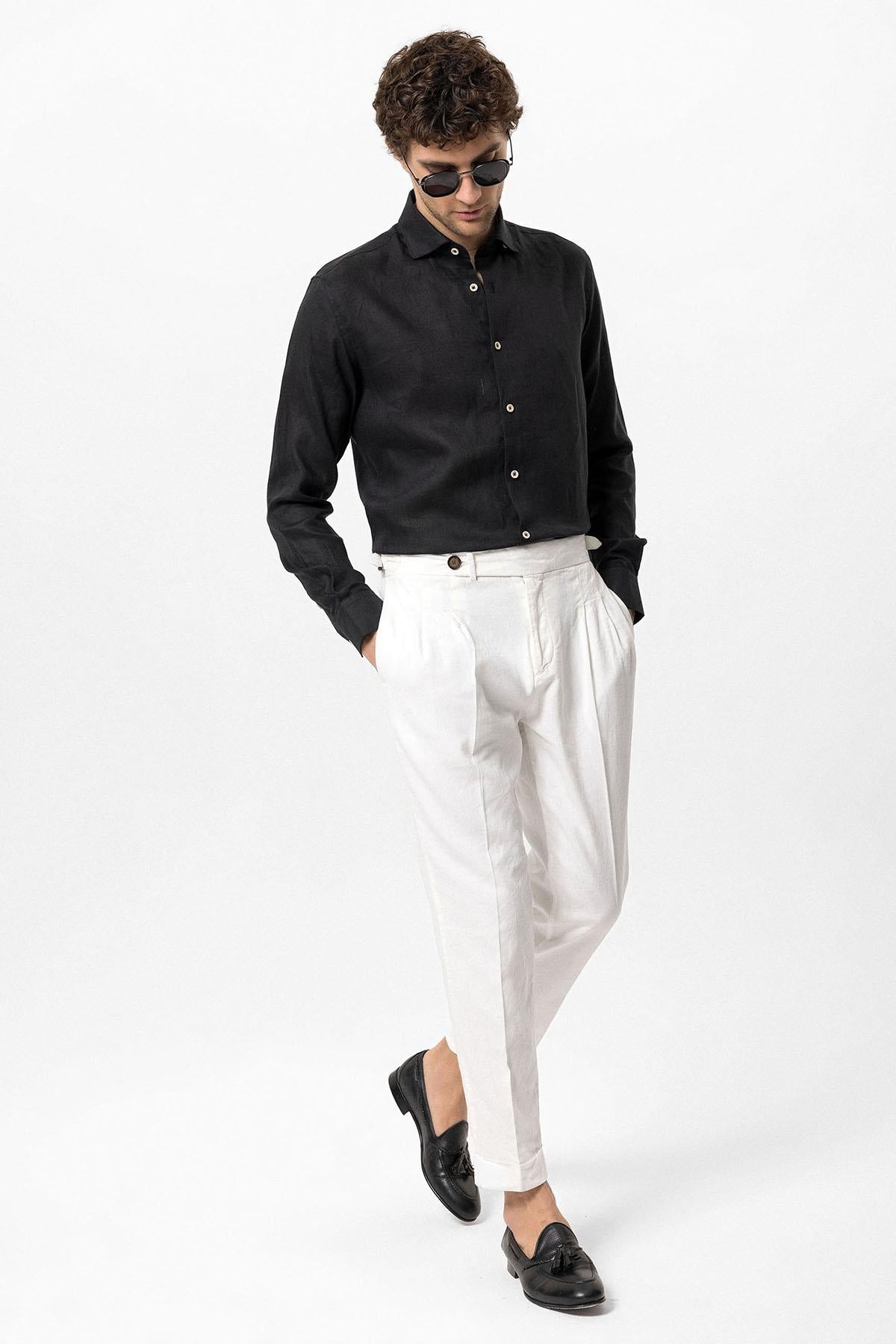 Men's Black Collar Button Detail 100% Linen Shirt – styled view