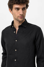 Men's Black Collar Button Detail 100% Linen Shirt – close up view