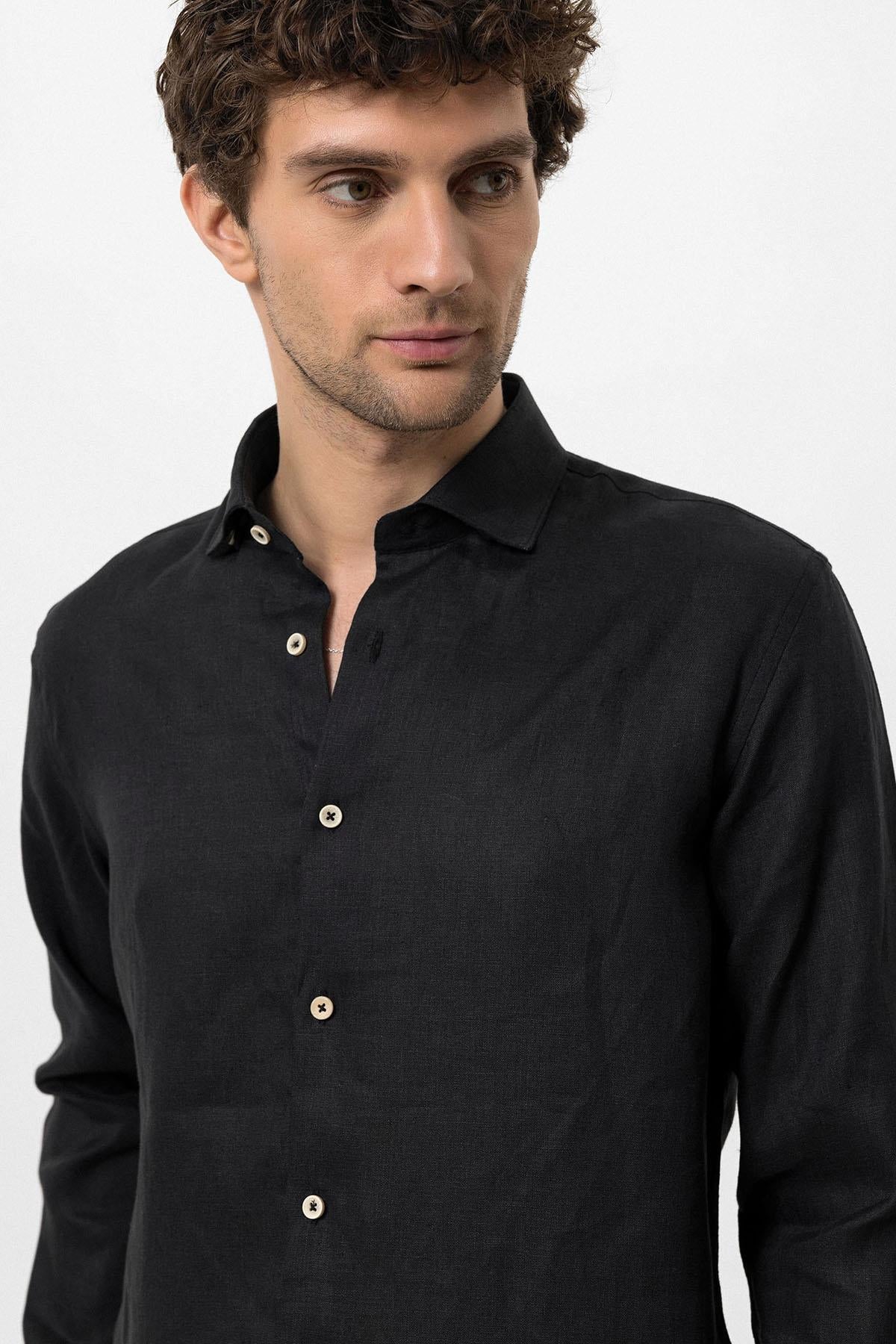 Men's Black Collar Button Detail 100% Linen Shirt – close up view