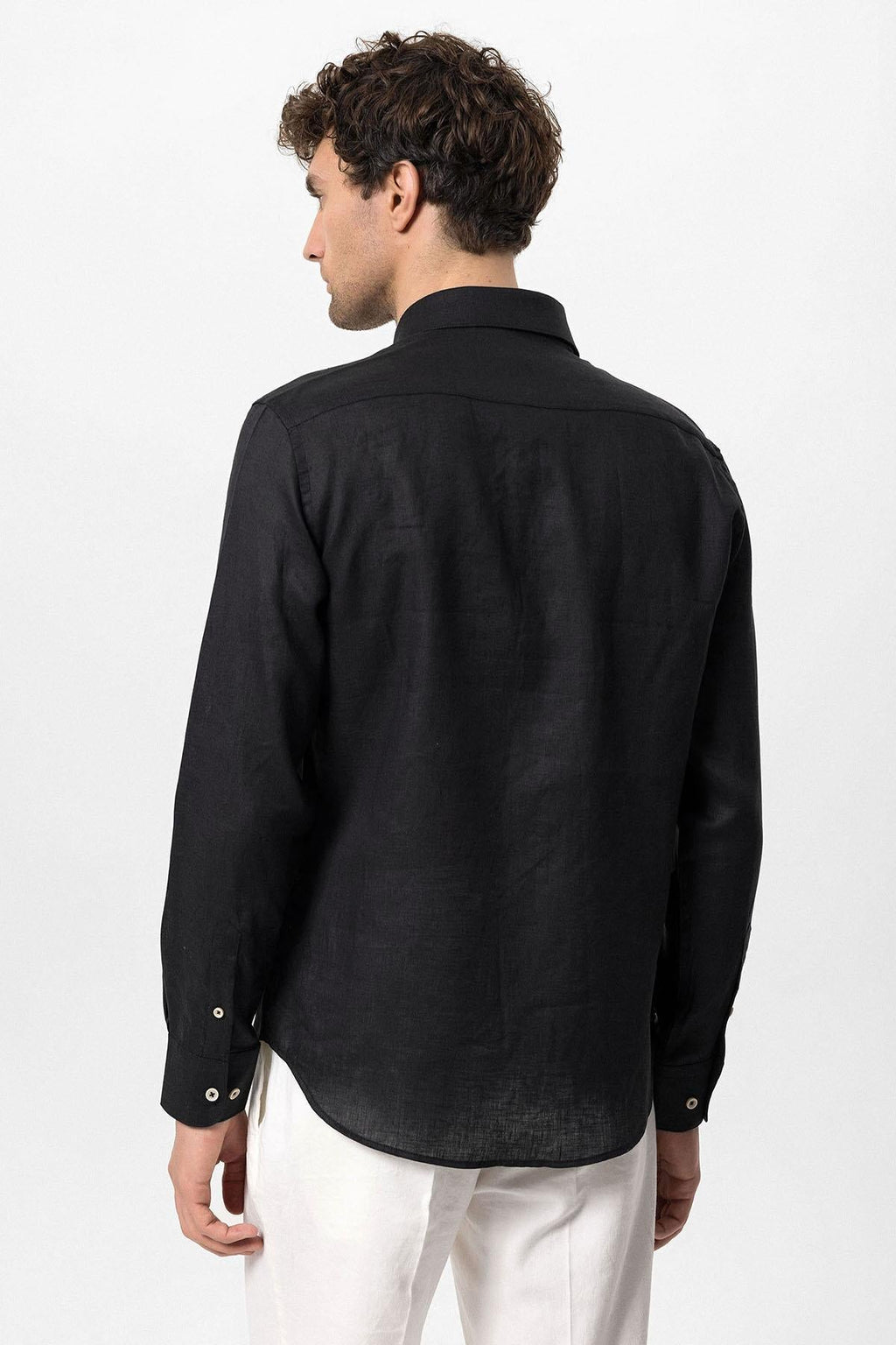 Men's Black Collar Button Detail 100% Linen Shirt – full look view