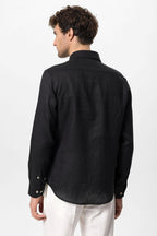 Men's Black Collar Button Detail 100% Linen Shirt – full look view