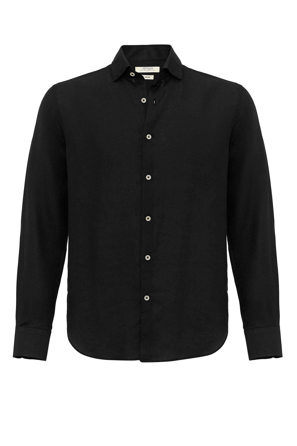 Men's Black Collar Button Detail 100% Linen Shirt – fabric detail view