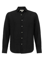 Men's Black Collar Button Detail 100% Linen Shirt – fabric detail view