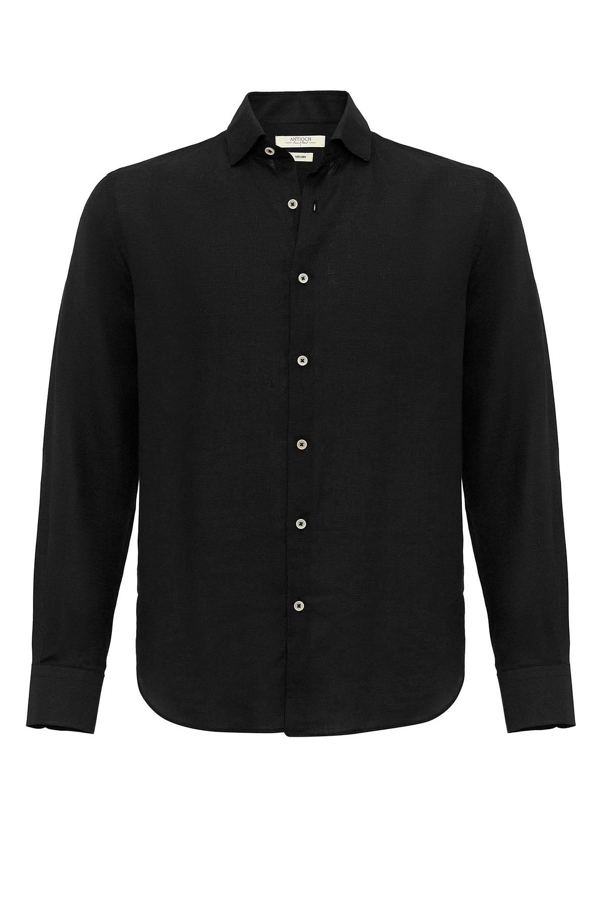 Men's Black Collar Button Detail 100% Linen Shirt – fabric detail view