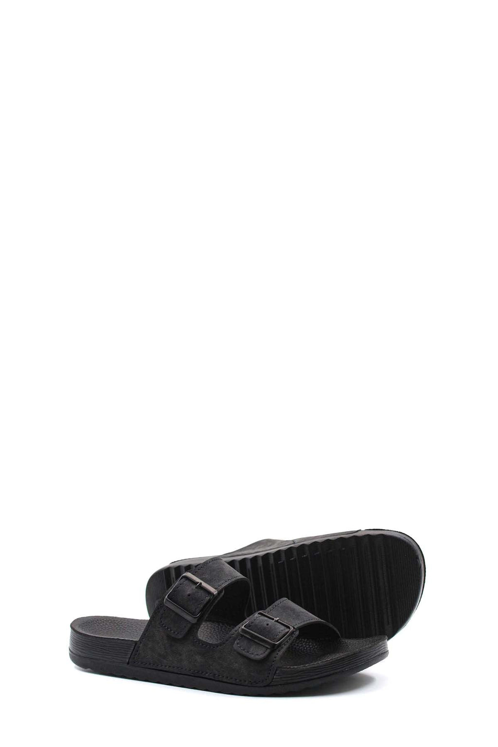 Men's Black Double-Strap Slide Sandals with Adjustable Buckles – styled view