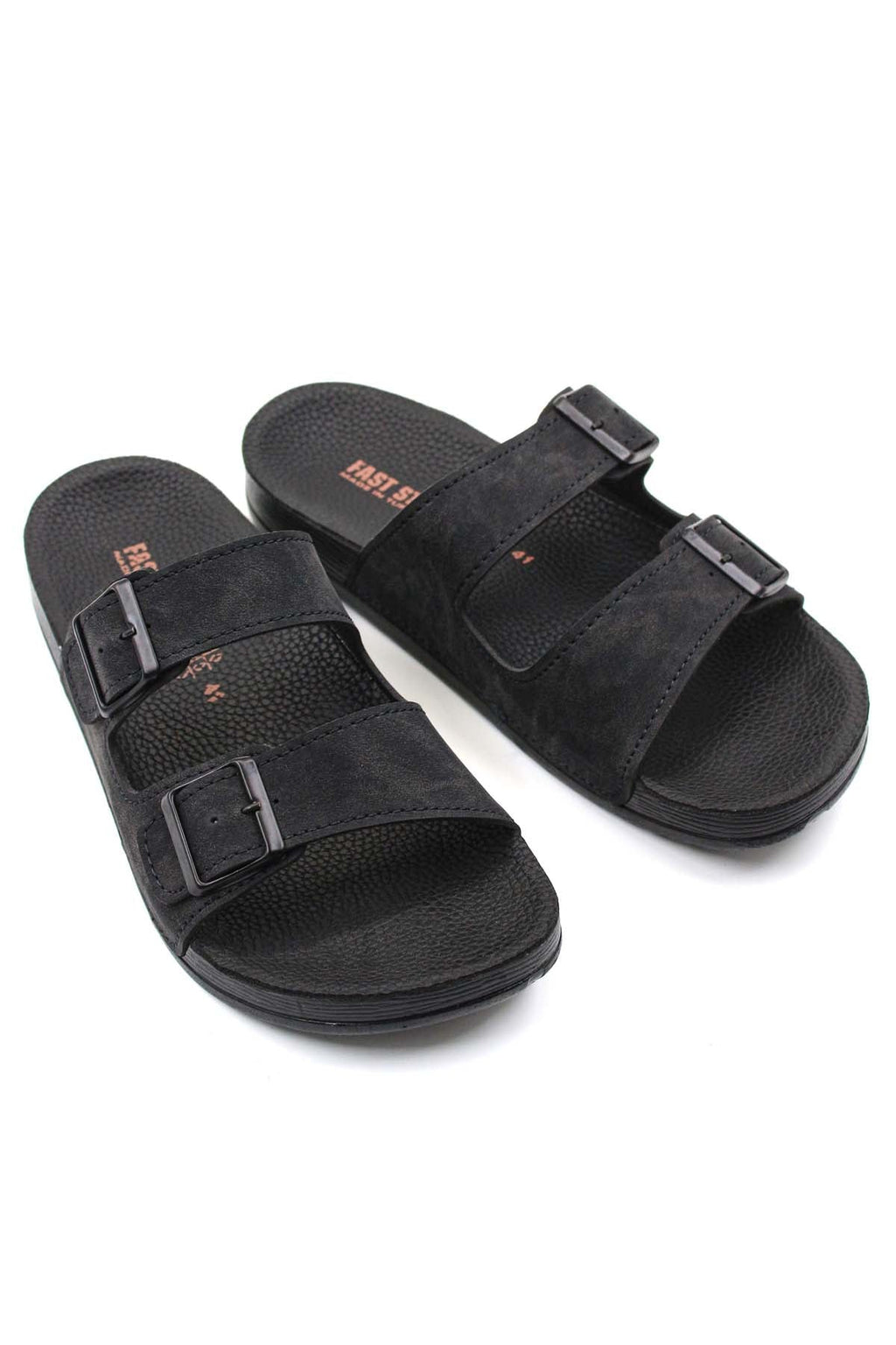 Men's Black Double-Strap Slide Sandals with Adjustable Buckles – close up view