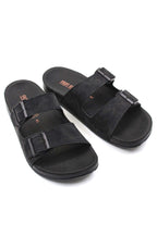Men's Black Double-Strap Slide Sandals with Adjustable Buckles – close up view