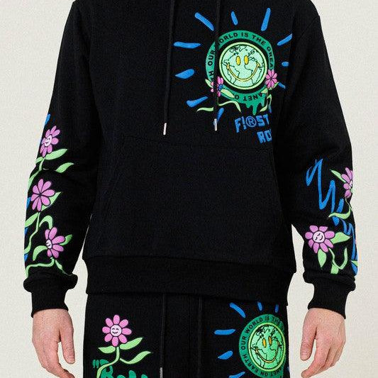 Men's Sweatshirts & Hoodies Mens Black Flower Graphic Terry Pullover Shirt