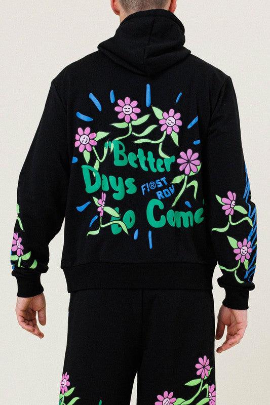 Men's Sweatshirts & Hoodies Mens Black Flower Graphic Terry Pullover Shirt