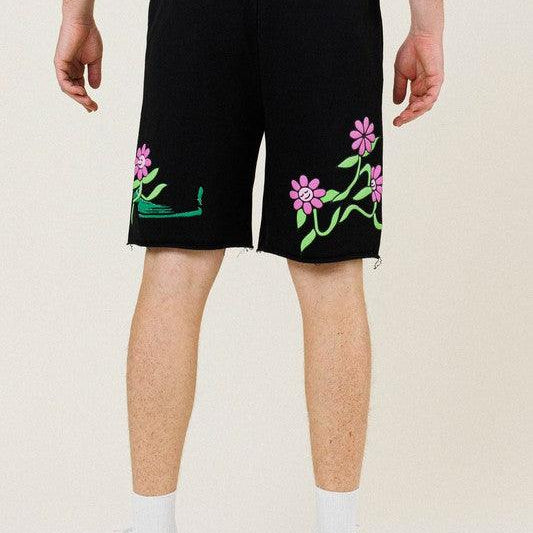 Men's Shorts Mens Black Flower Graphic Terry Shorts