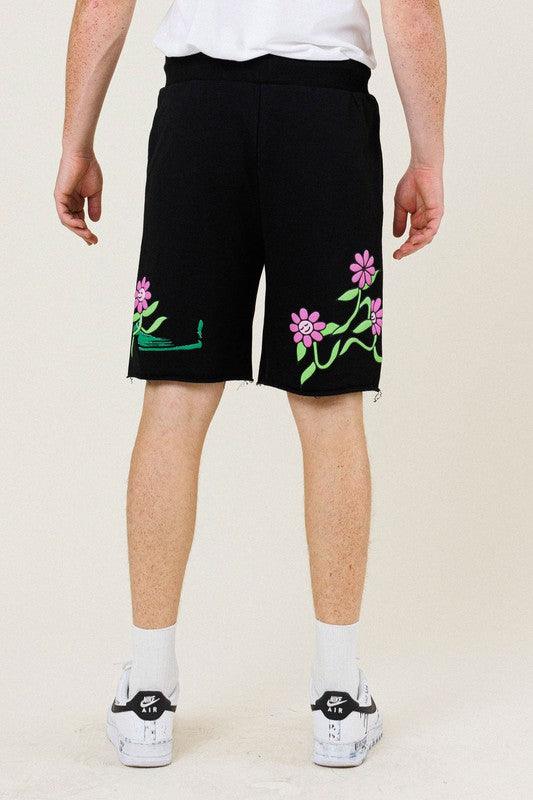 Men's Shorts Mens Black Flower Graphic Terry Shorts