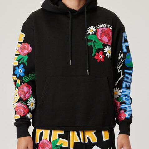 Men's Sweatshirts & Hoodies Mens Black Flower Puff Print Hoodie